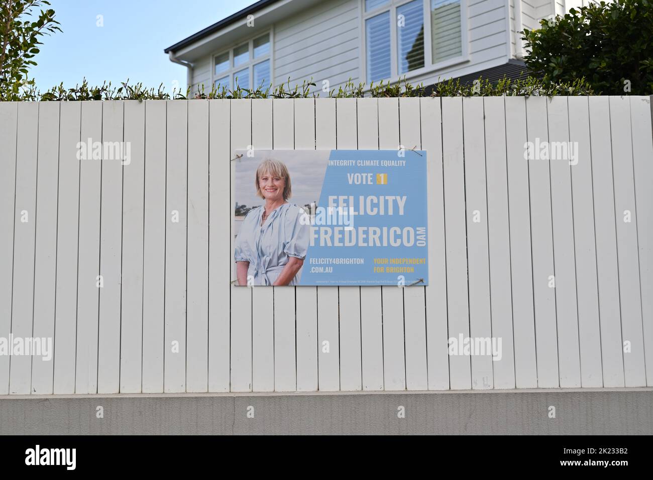 Campaign sign for climate-focused independent candidate Felicity Frederico OAM, running for the district of Brighton at the upcoming state election Stock Photo