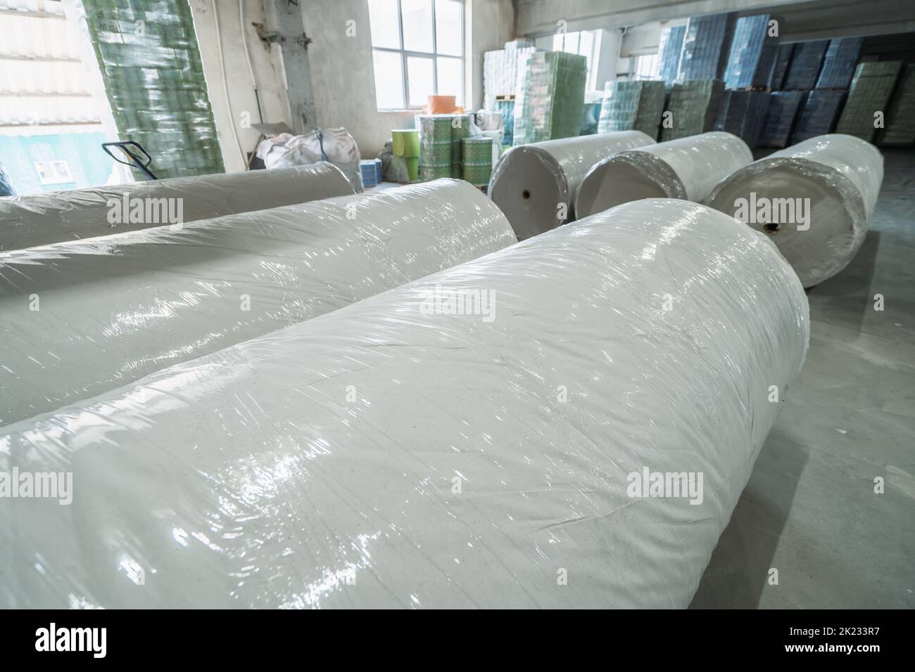 Large rolls of paper in a paper recycling factory. Stock Photo