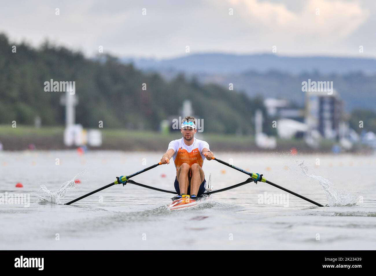 Rower Melvin Twellaar of Netherlands in action during the 1. quarter-final races 2022 World Rowing Championships in Racice, Usti Region, Czech Republic, September 21, 2022. (CTK Photo/Vit Cerny) Stock Photo