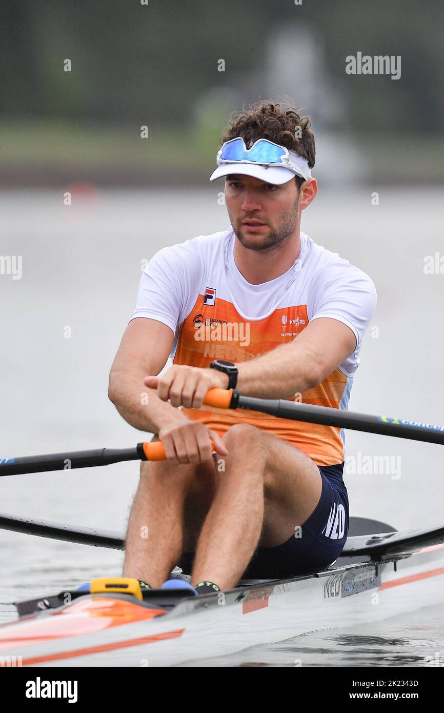 Rower Melvin Twellaar of Netherlands in action during the 1. quarter-final races 2022 World Rowing Championships in Racice, Usti Region, Czech Republic, September 21, 2022. (CTK Photo/Vit Cerny) Stock Photo