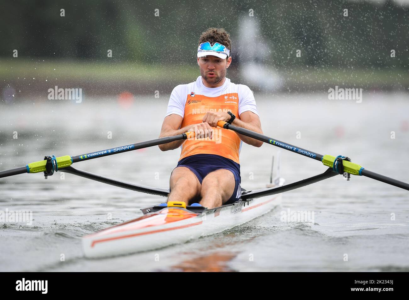 Rower Melvin Twellaar of Netherlands in action during the 1. quarter-final races 2022 World Rowing Championships in Racice, Usti Region, Czech Republic, September 21, 2022. (CTK Photo/Vit Cerny) Stock Photo