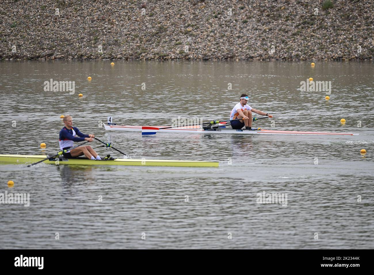 Racice, Czech Republic - September 21: Melvin Twellaar of Netherlands and Oliver Zeidler of Germany, competing on Men's sculls quarter finals during Day 4 of the 2022 World Rowing Championships at the Labe Arena Racice on September 21, 2022 in Racice, Czech Republic. (Vit Cerny/CTK Photo/BSR Agency) Stock Photo