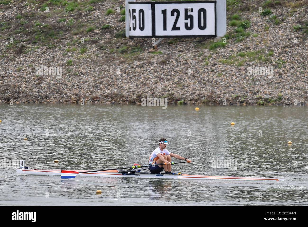 Racice, Czech Republic - September 21: Melvin Twellaar of Netherlands competing on Men's sculls quarter finals during Day 4 of the 2022 World Rowing Championships at the Labe Arena Racice on September 21, 2022 in Racice, Czech Republic. (Vit Cerny/CTK Photo/BSR Agency) Stock Photo