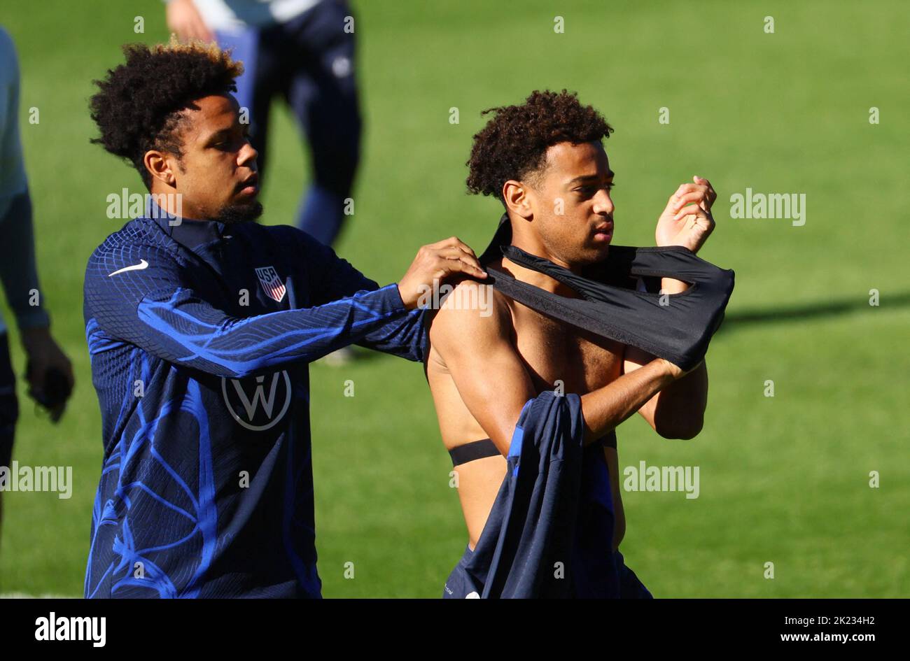 Soccer Football - International Friendly - United States Training - FC Cologne Training Ground, Cologne, Germany - September 22, 2022 Weston McKennie and Tyler Adams of the U.S. during training REUTERS/Wolfgang Rattay Stock Photo