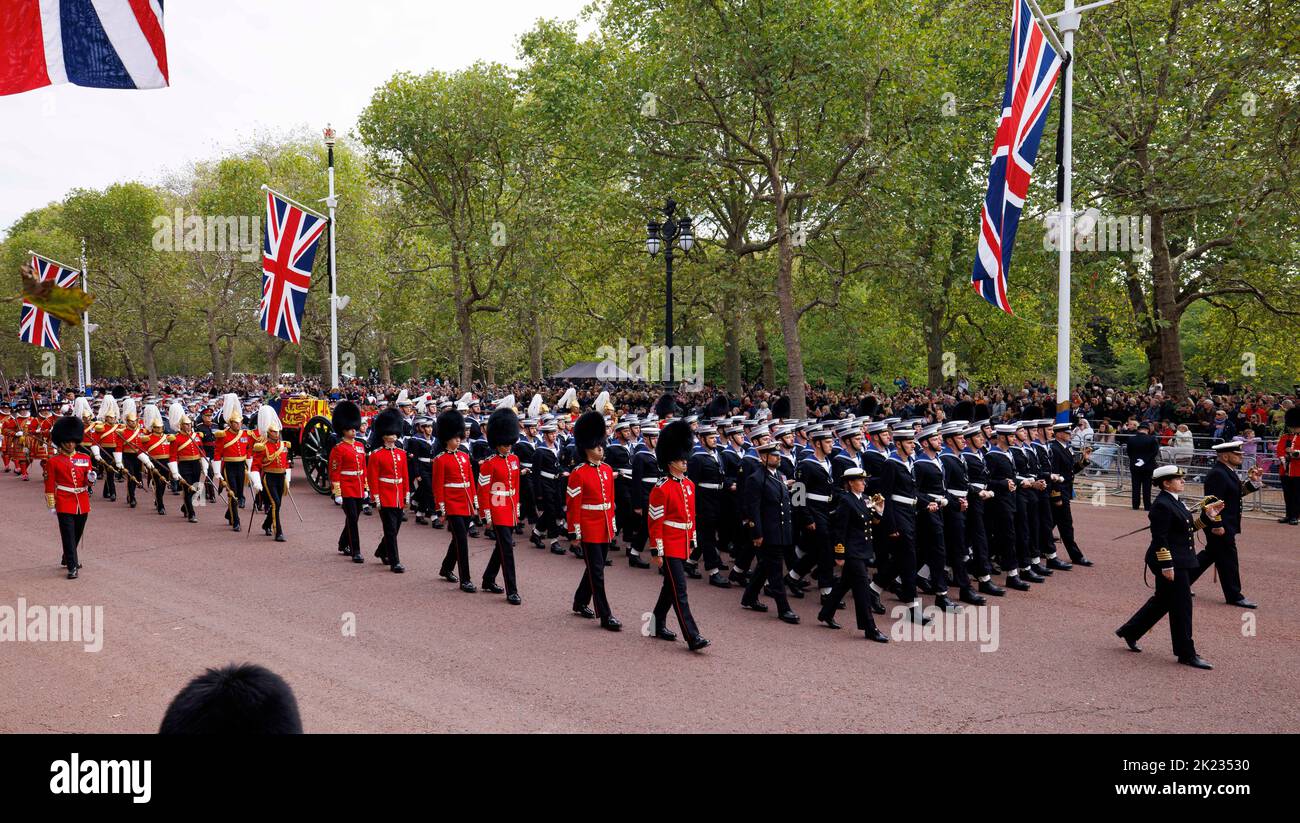 The State Funeral of Her Majesty Queen Elizabeth II, seen from The Mall. Sailors of the Royal Navy pull the State Funeral gun carriage of Her Majesty Stock Photo