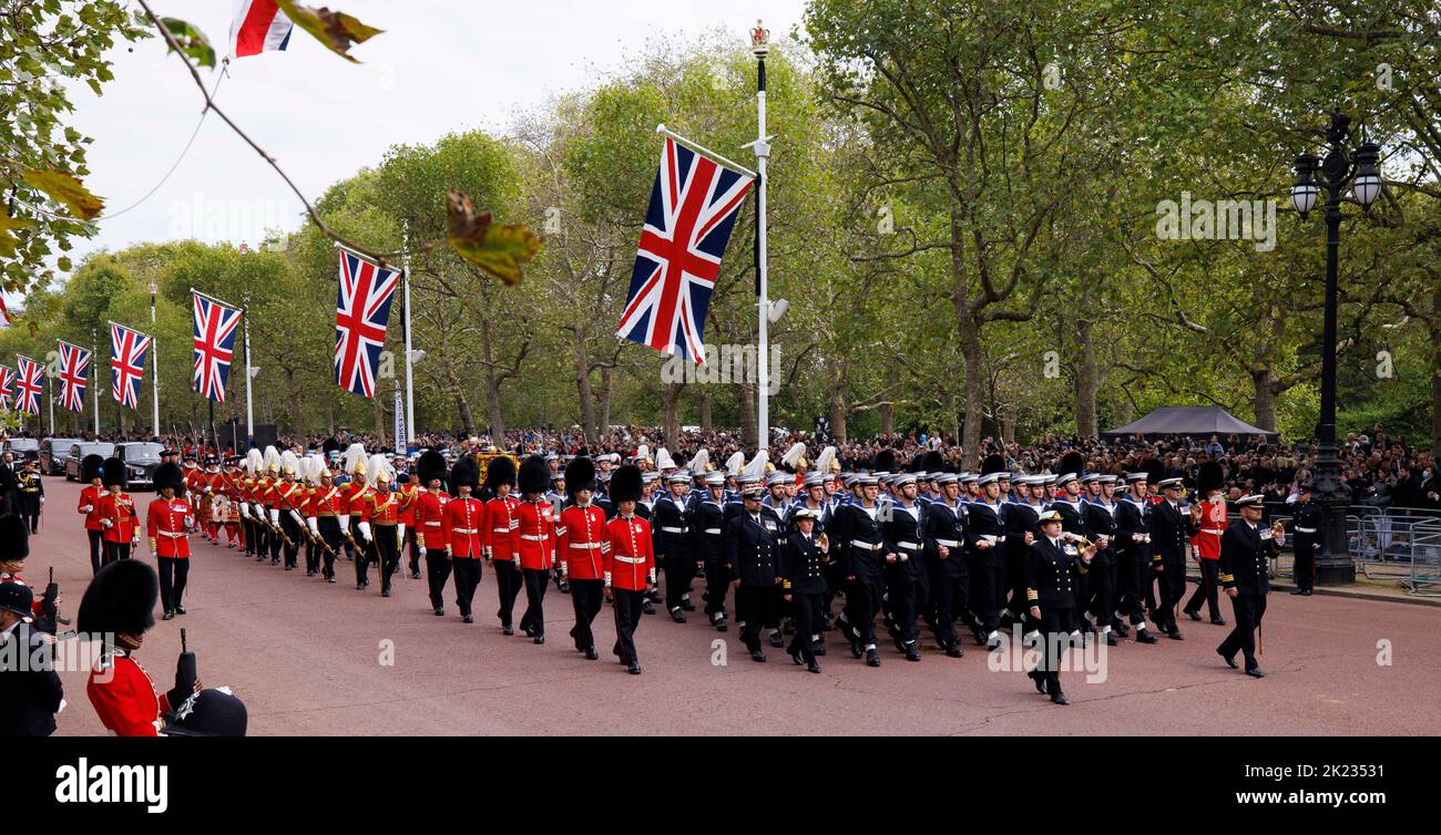 The State Funeral of Her Majesty Queen Elizabeth II, seen from The Mall. Sailors of the Royal Navy pull the State Funeral gun carriage of Her Majesty Stock Photo