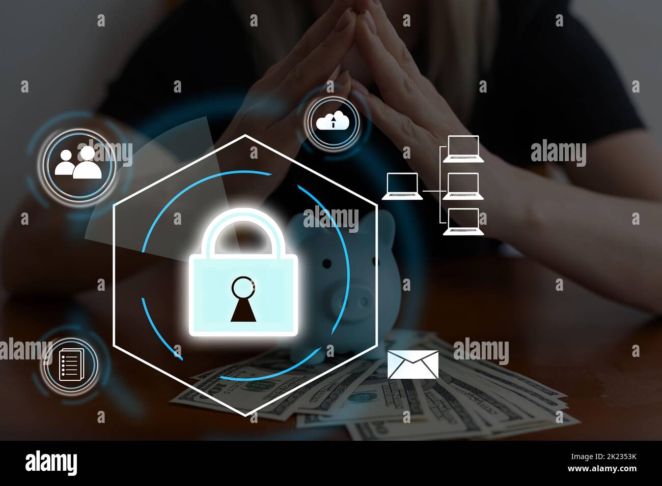 Digital padlock icon, cyber security network and data protection technology on virtual interface screen. Online internet authorized access against Stock Photo
