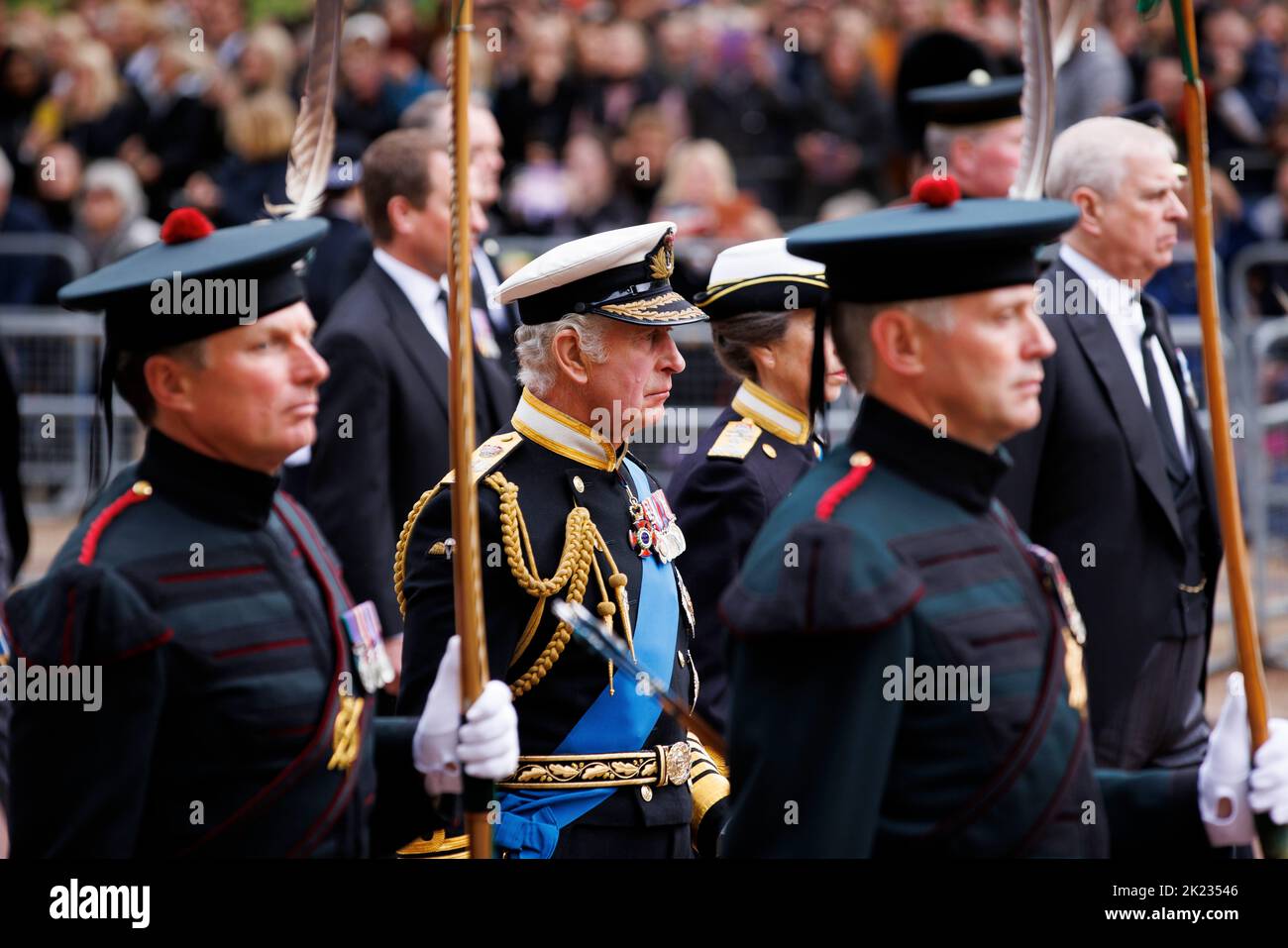 The State Funeral of Her Majesty Queen Elizabeth II, seen from The Mall. King Charles III walks behind the coffin of his mother as Sailors of the Roya Stock Photo