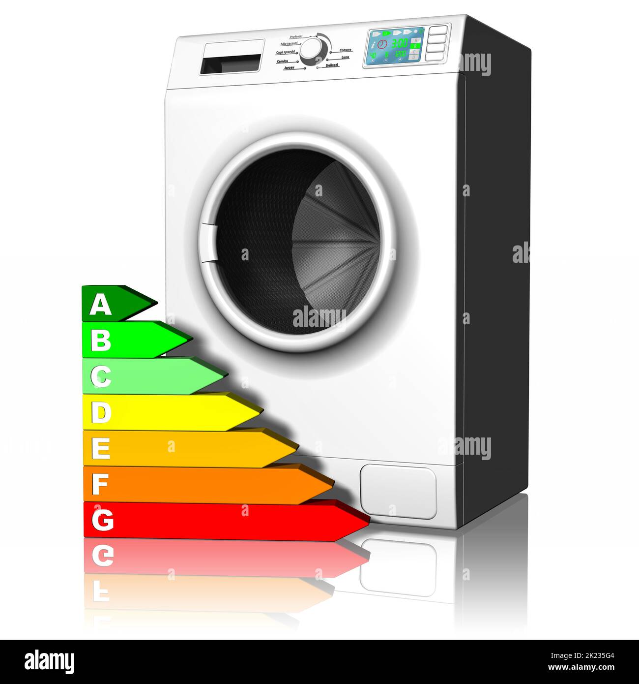 3D illustration. Appliances. Washing machine with energy saving symbol