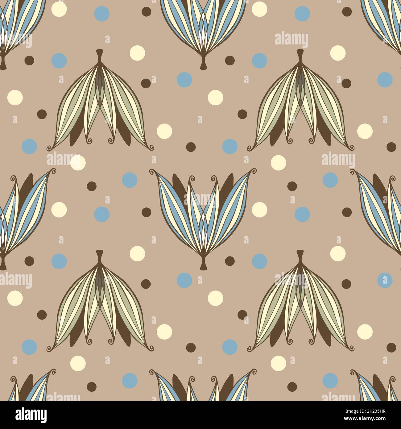 Seamless pattern with doodle flowers pastel color on brown background. . Vector illustration Stock Vector