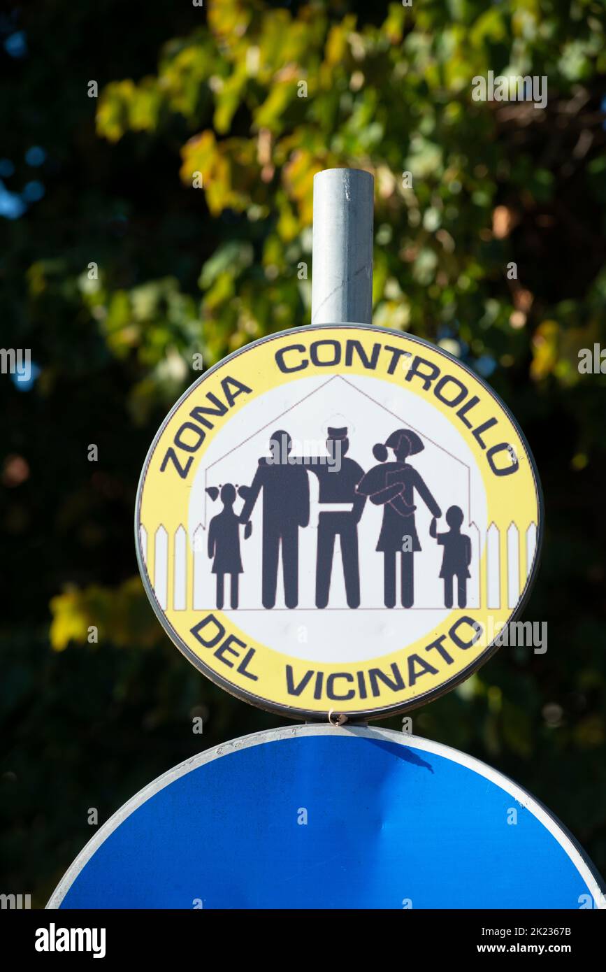 Italy, Lombardy, Street Sign of Neighborhood Watch in the City Stock Photo