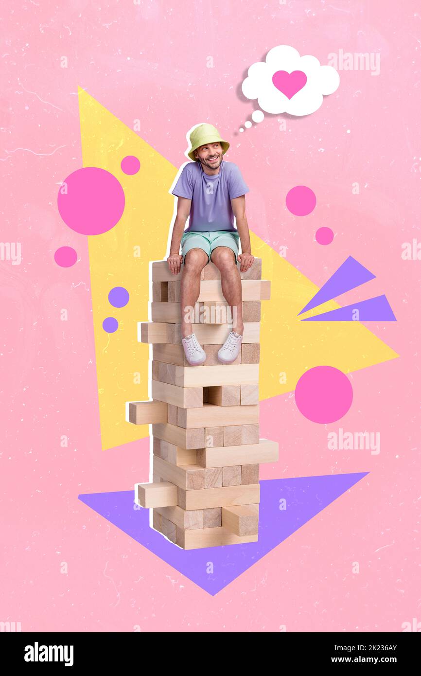 Vertical collage image of cheerful little guy sitting jenga bricks ...
