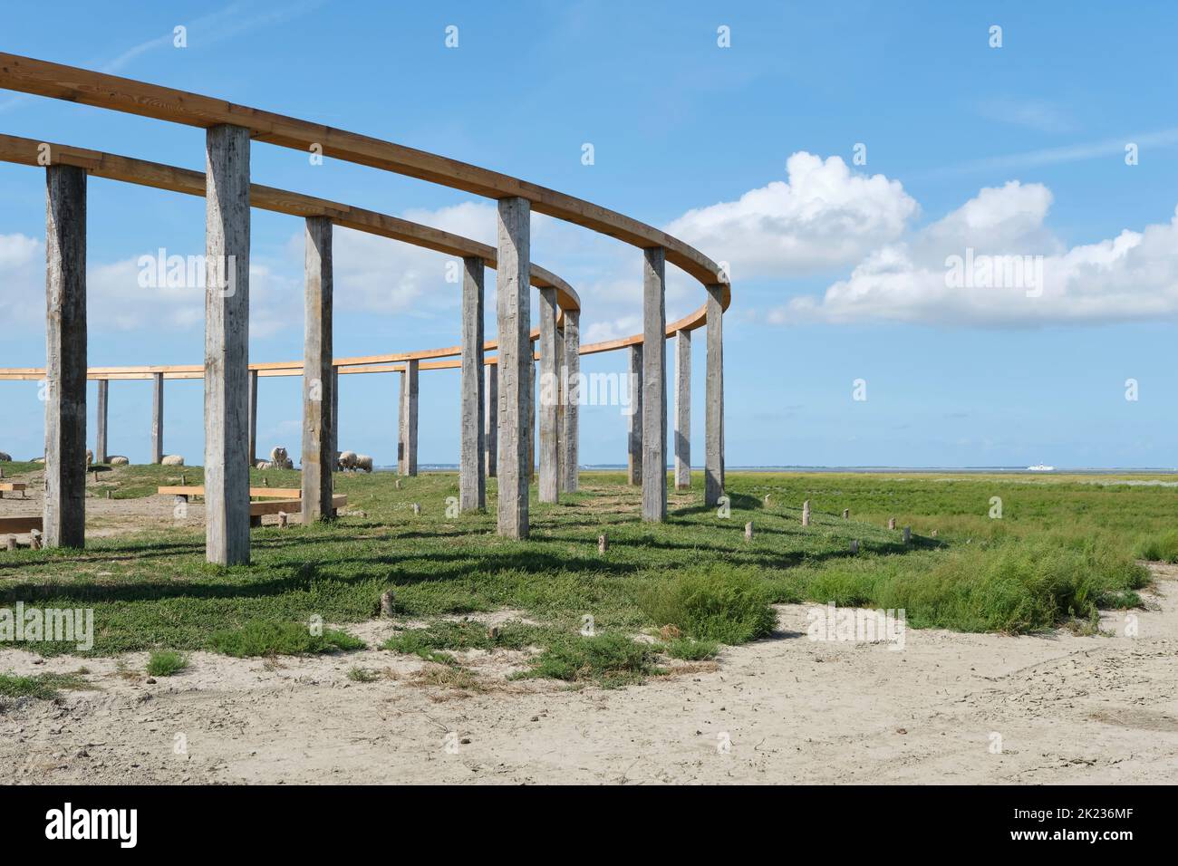 View on the Terp fan de Takomst. An initiative of the village of Blije aSense of Place to emphasize the long connection with the Wadden Sea Stock Photo