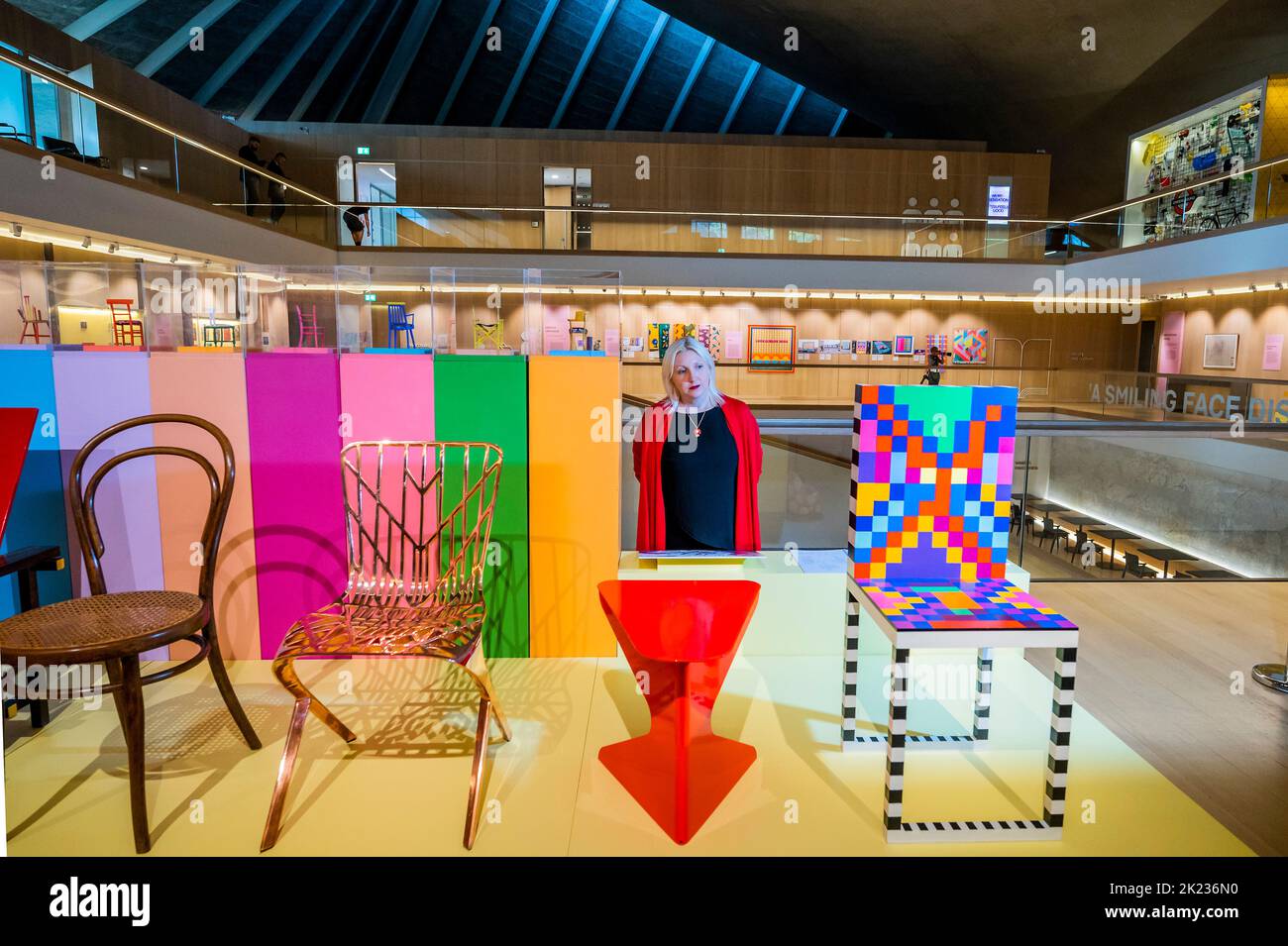 London, UK. 22nd Sep, 2022. A zone dedicated to the artists fascination with chairs, incl Untitled 1, 2022 - Yinka Ilori: Parables for Happiness at the Design Museum. The first museum display exploring the work of artist and designer Yinka Ilori. With over 100 objects, ranging from artworks, photographs and furniture, to textiles, books and personal possessions. It runs from 15 SEPT 2022 - 25 JUNE 2023. Credit: Guy Bell/Alamy Live News Stock Photo