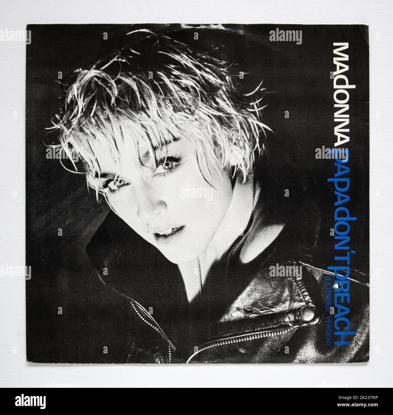 Picture cover of the 12 inch single version of Papa Don't Preach by Madonna, which was released in 1986. Stock Photo