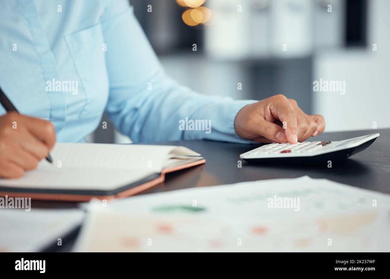 Accountant hands, business woman or financial advisor working with bank