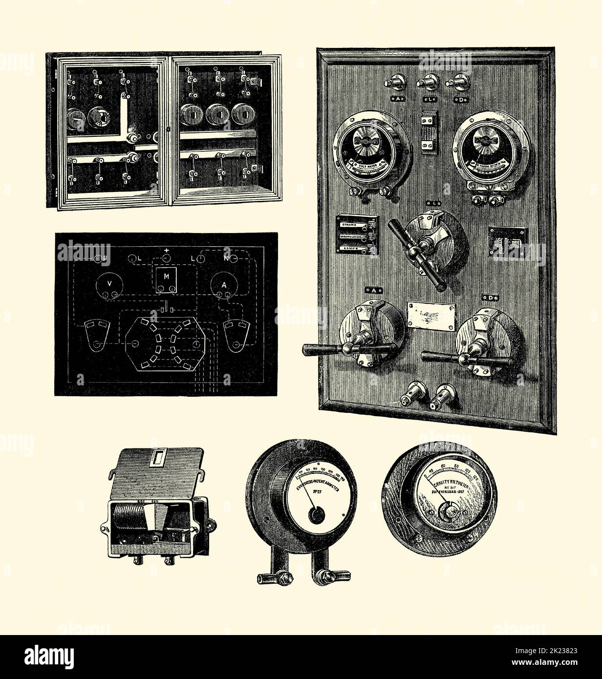 An old Victorian engraving of various electrical switchboards and meters used during that era in the UK. It is from a book of 1890. Top left is a ‘corridor branch’ switchboard. Below a plan of a universal switchboard. Top right is a ‘main’ switchboard. Bottom left is a magnetic cut-out, centre a gravity ammeter, right a gravity voltmeter – old 1800s graphics. Stock Photo