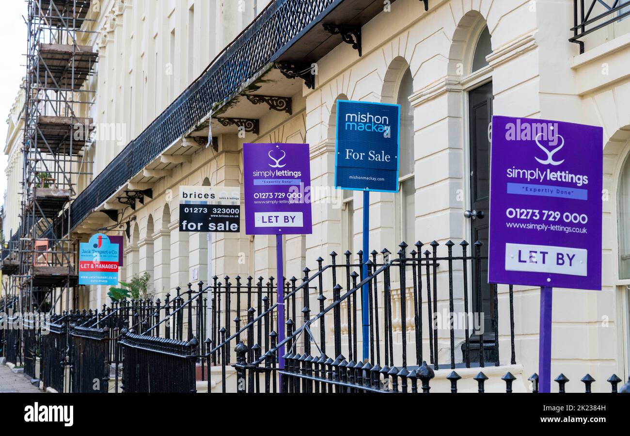 Selection of Estate Agent and Letting Agent boards including Mishon Mackay ,  Simply Lettings in Brighton , Sussex , England UK Stock Photo