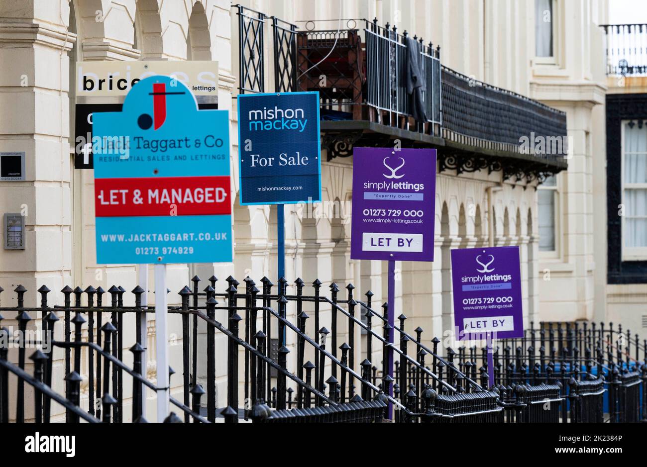 Selection of Estate Agent and Letting Agent boards including Mishon Mackay ,  Simply Lettings in Brighton , Sussex , England UK Stock Photo