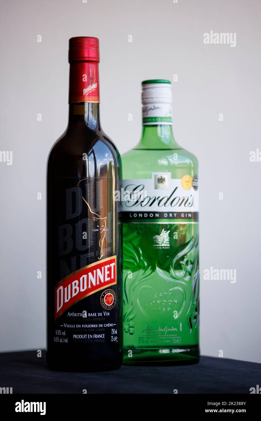 Dubonnet and Gin cocktail ingredients, favoured by Her Majesty Queen Elizabeth II as a lunchtime drink Stock Photo