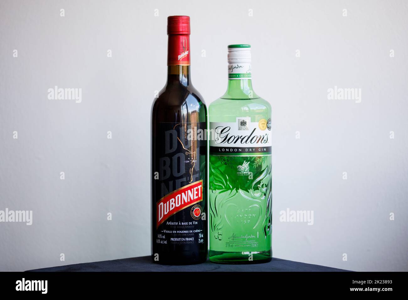 Dubonnet and Gin cocktail ingredients, favoured by Her Majesty Queen Elizabeth II as a lunchtime drink Stock Photo