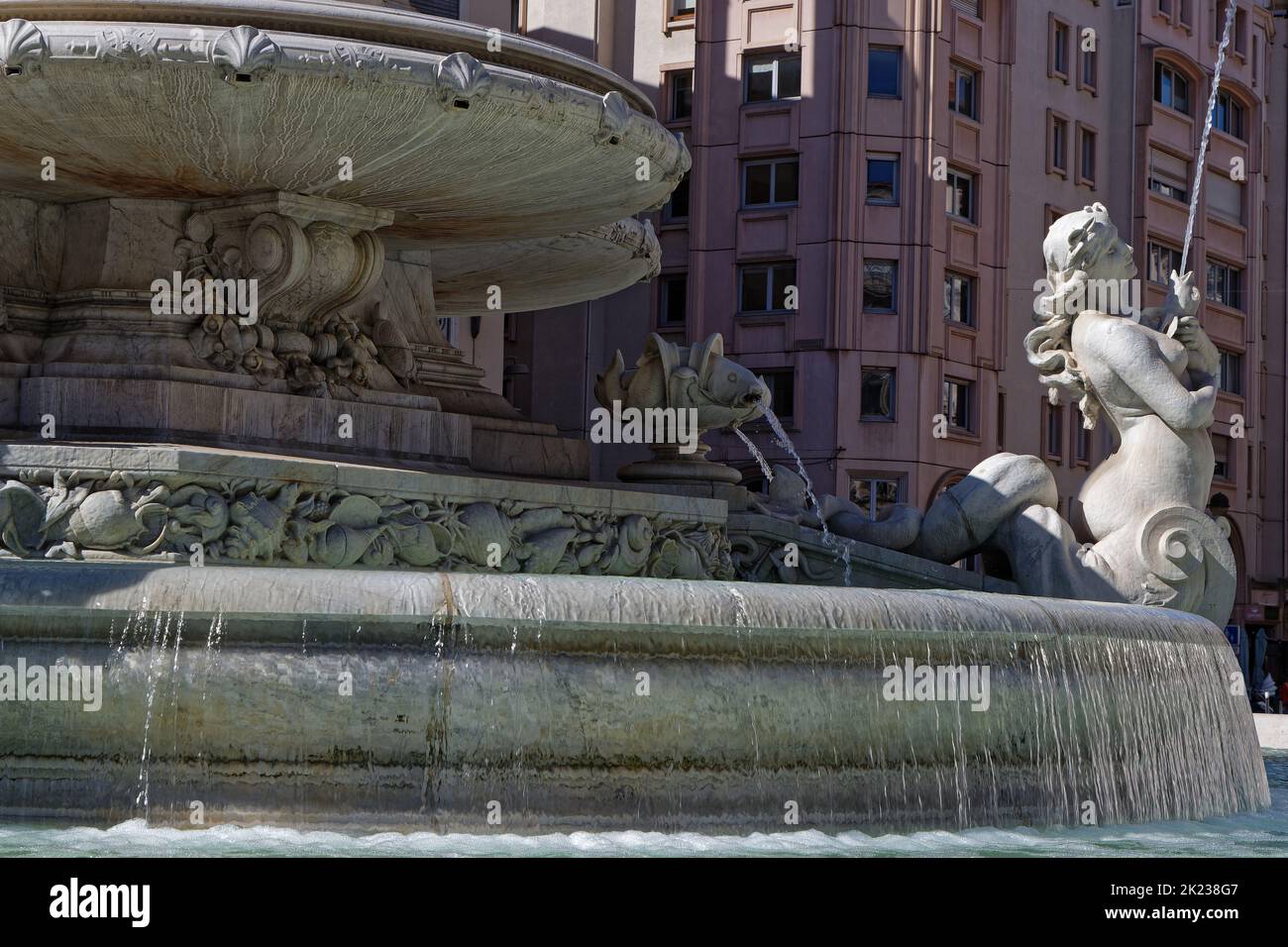 LYON, FRANCE, September 21, 2022 : Fountain in Place des Jacobins, in the World Heritage Site city center, and one of the most famous place in Lyon. Stock Photo