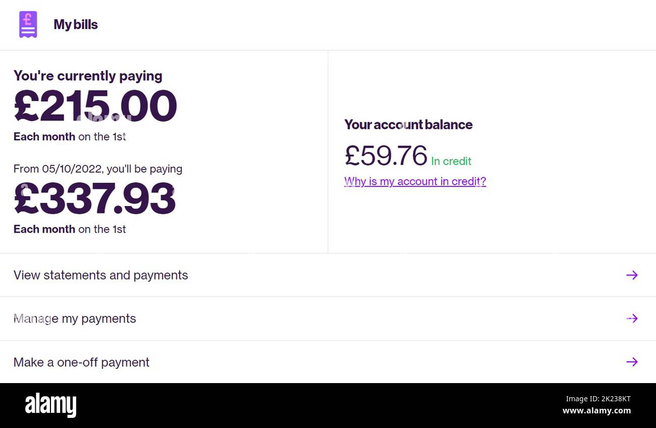 Screen grab from an E.On Next online bill showing a price increase. Energy firms are sending households notice of the vastly higher direct debits they will pay within days – despite the Government’s cost-of-living help package and price freeze. Picture date: Thursday September 22, 2022. Stock Photo