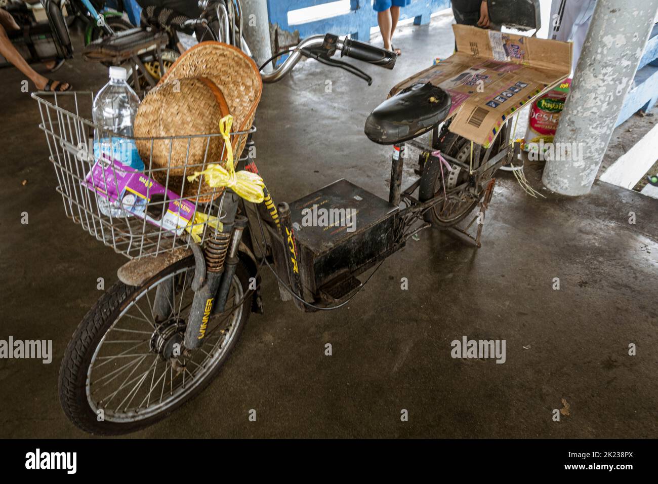 Malaysia, July 10, 2022 homemade electric bicycle used on Crab Island