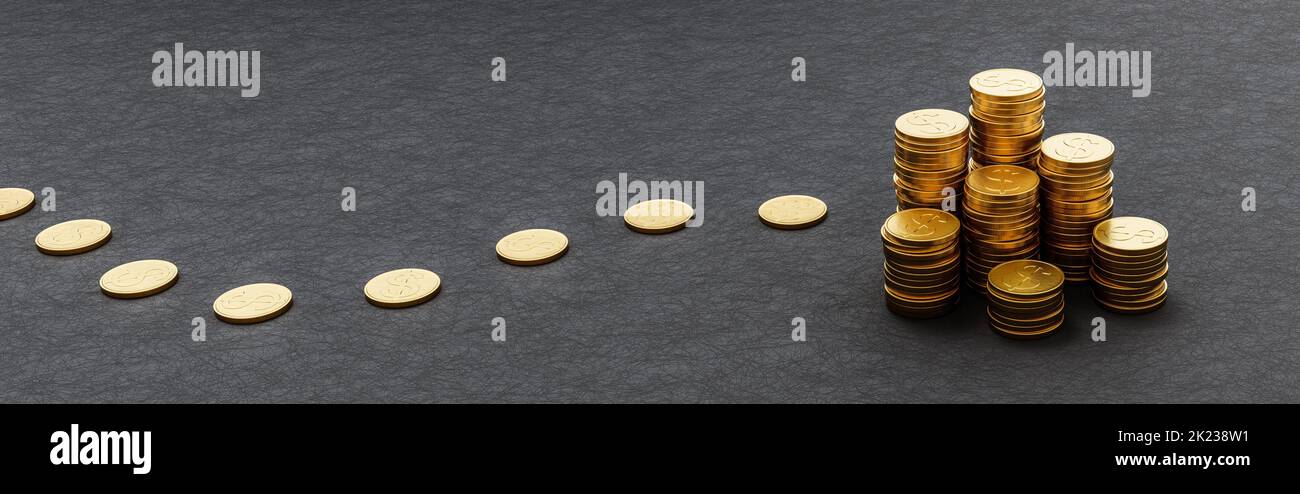 Path to Stacks of Coins on Dark Background with Copy Space Stock Photo