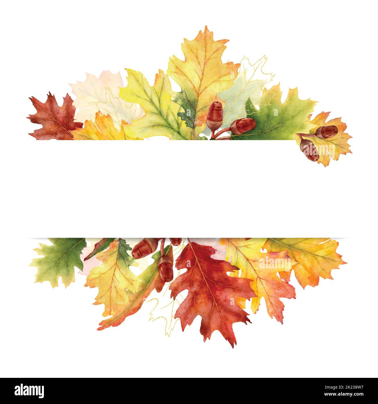 Watercolor banner of autumn leaves and branches isolated on white background. Illustration for invitations, or greeting cards with space for your text Stock Vector