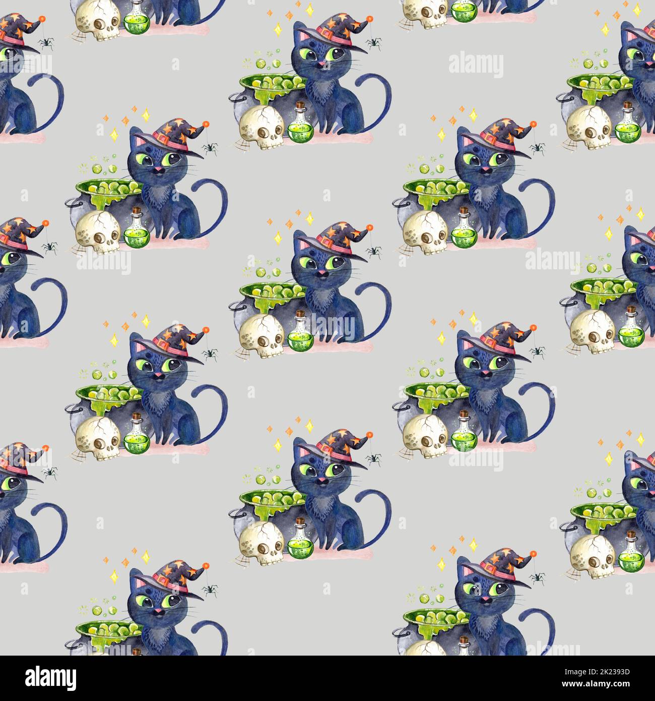 Halloween seamless pattern design with witch cat in hat and cauldron ...