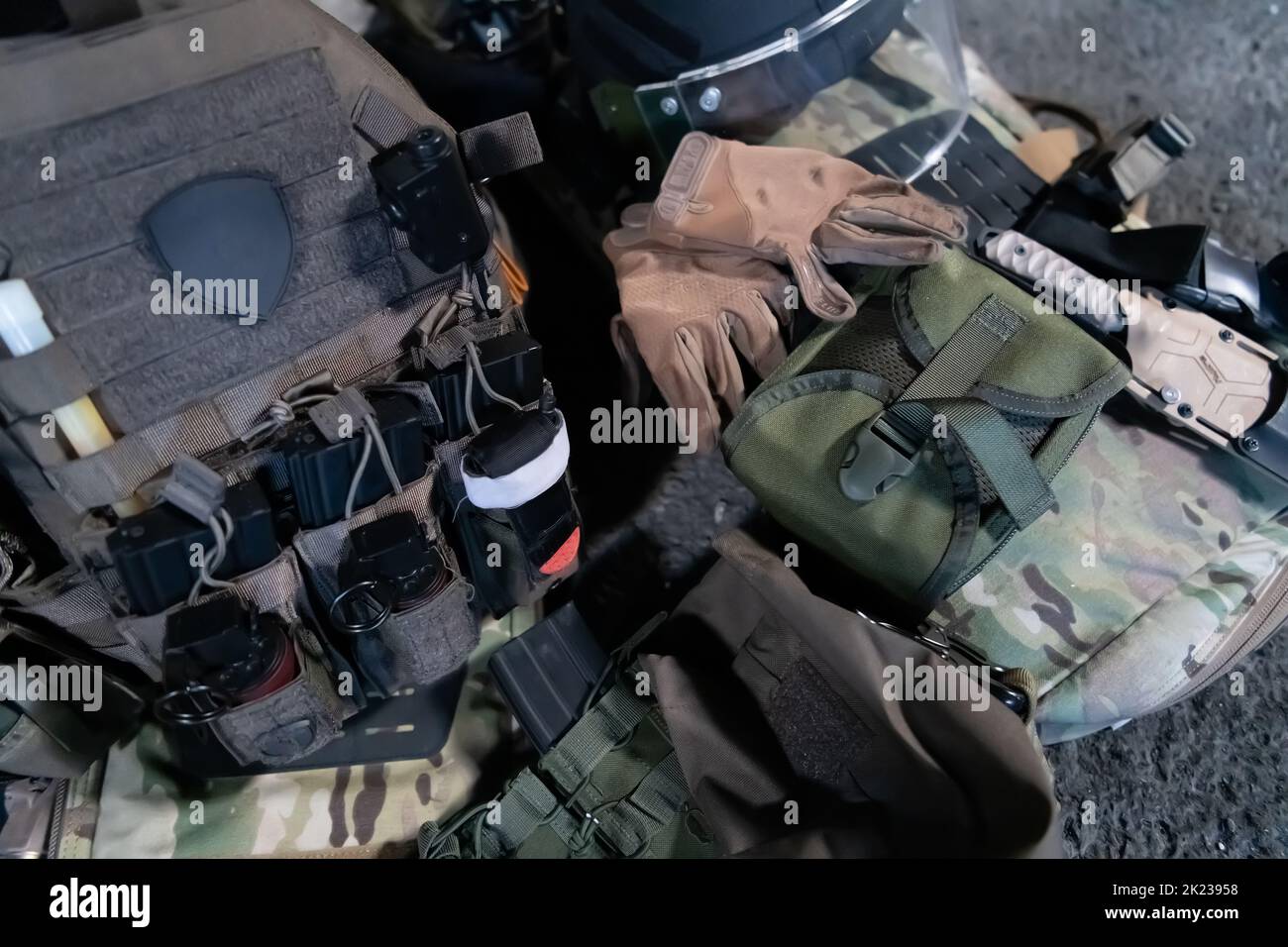 Army body armor, helmet and ammunition, Kalashnikov assault rifle with