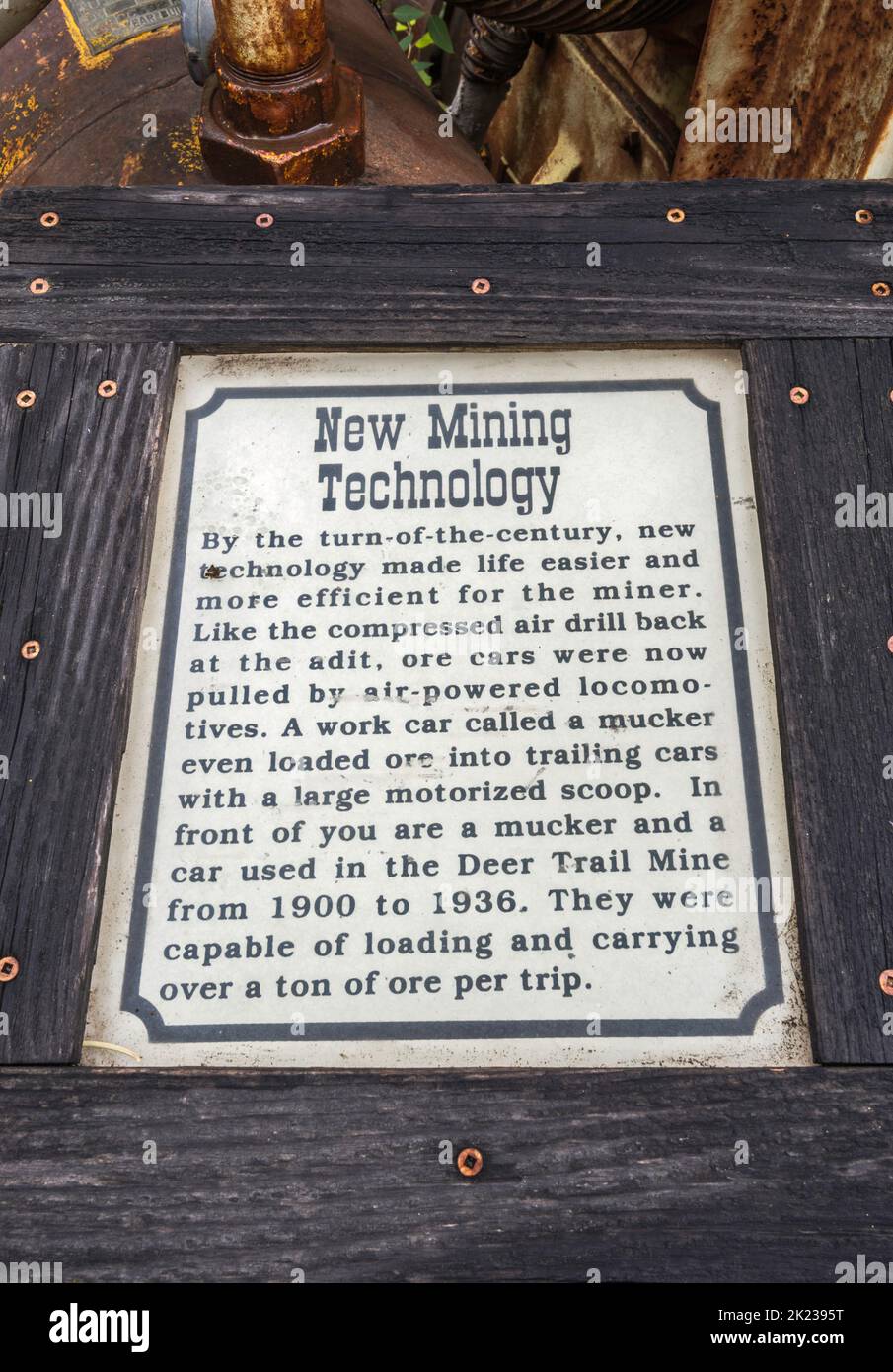 Information sign, Miners Park in Bullion City, Canyon of Gold, Bullion Canyon, Tushar Mountains, Fishlake National Forest, near Marysvale, Utah, USA Stock Photo
