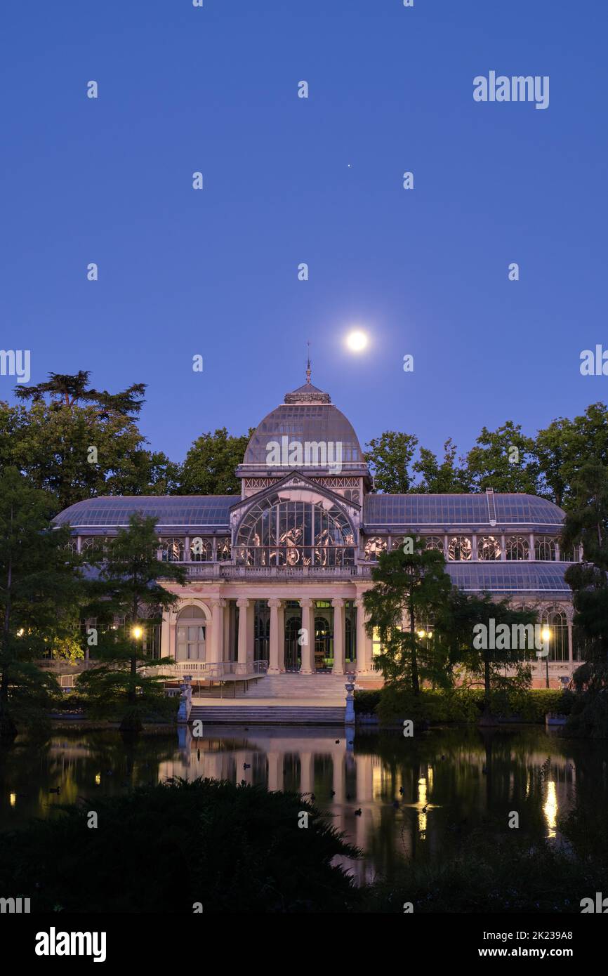 Night view of Crystal Palace in the Buen Retiro Park. Madrid, Spain Stock Photo