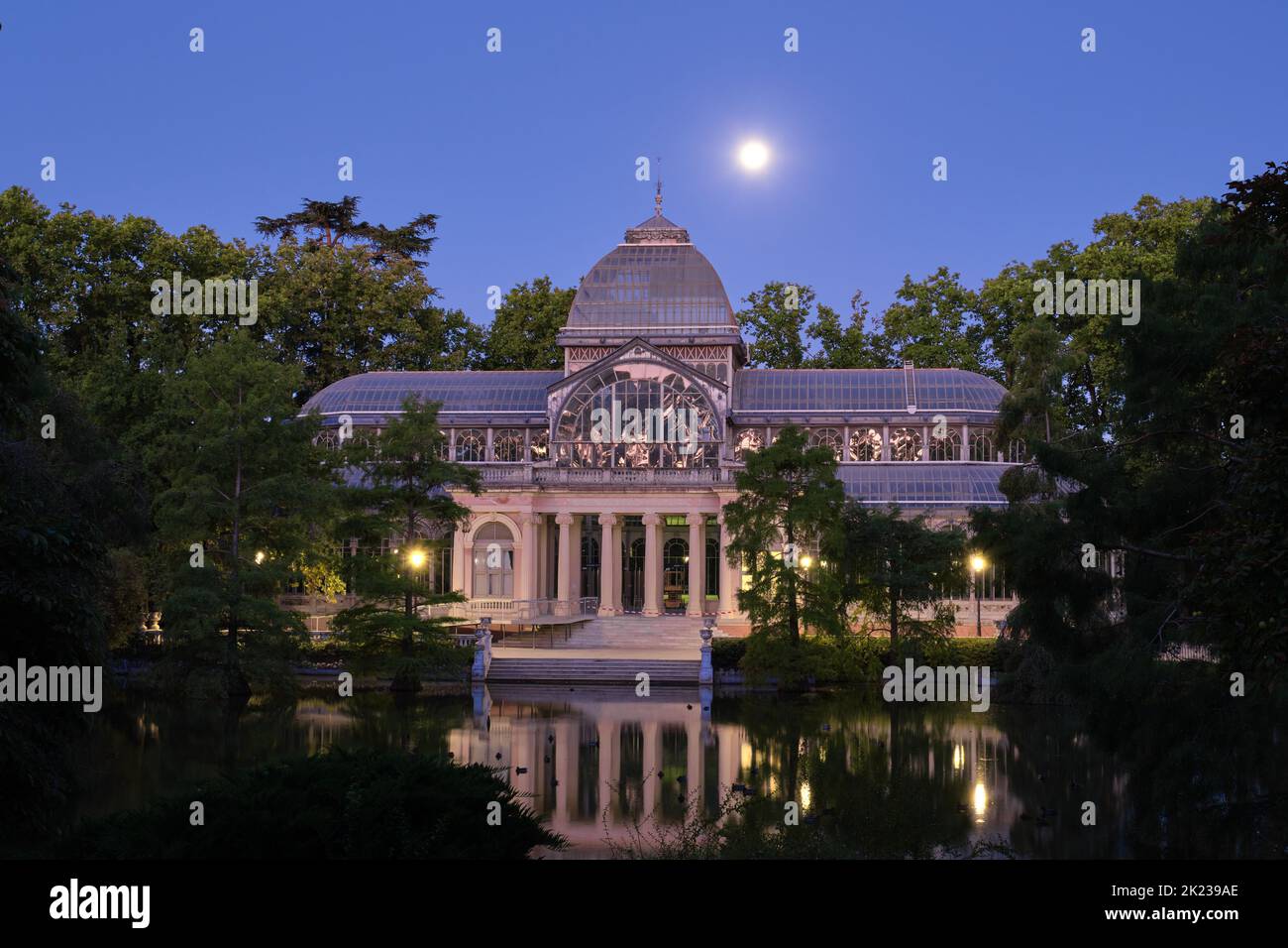 Night view of Crystal Palace in the Buen Retiro Park. Madrid, Spain Stock Photo