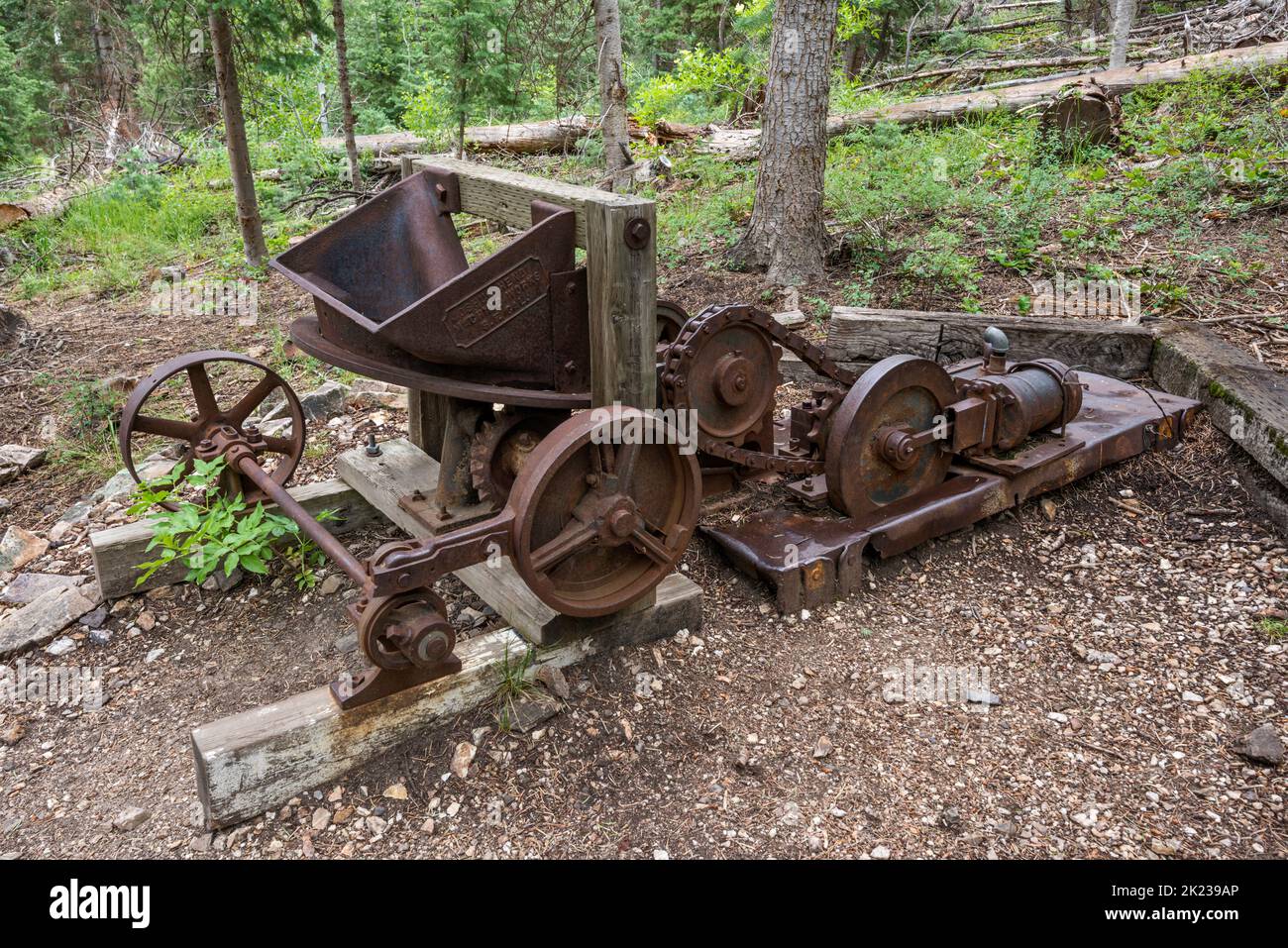 Steam powered ore crusher used to prepare samples for testing, Miners Park in Bullion City, Canyon of Gold, Bullion Canyon, Tushar Mountains, Fishlake National Forest, near Marysvale, Utah, USA Stock Photo