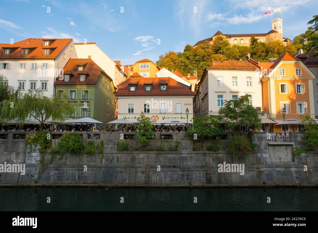 Ljubljana, Slovenia Sept 3rd 2022. Restaurants and bars on the Ljubljanici River waterfront in