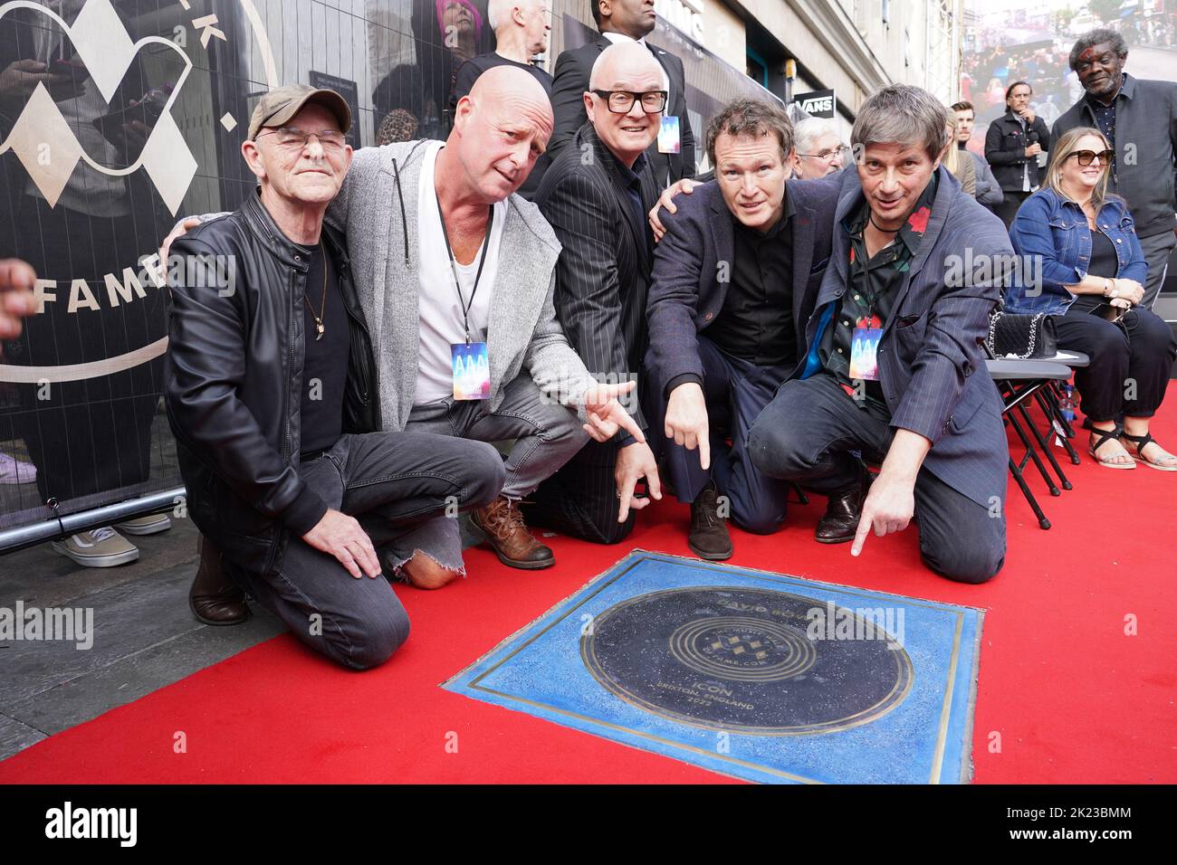 (Left-right) Woody Woodmansey, Lee Bennett, Kevin Armstrong, Nick Moran and Clifford Slapper attend the unveiling of a stone for David Bowie on the Music Walk of Fame at Camden, north London. Picture date: Thursday September 22, 2022. Stock Photo