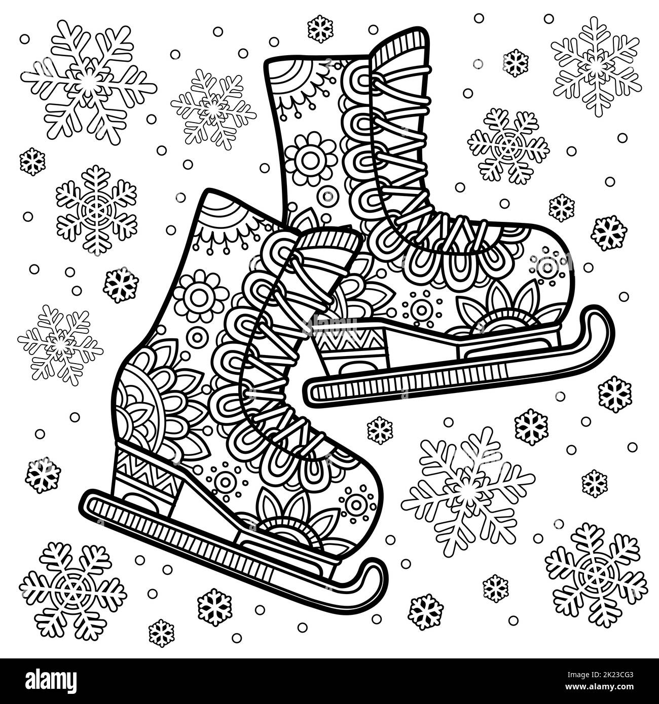 Vector coloring book page for adult. Black and white ice skates in a mandala style Stock Vector