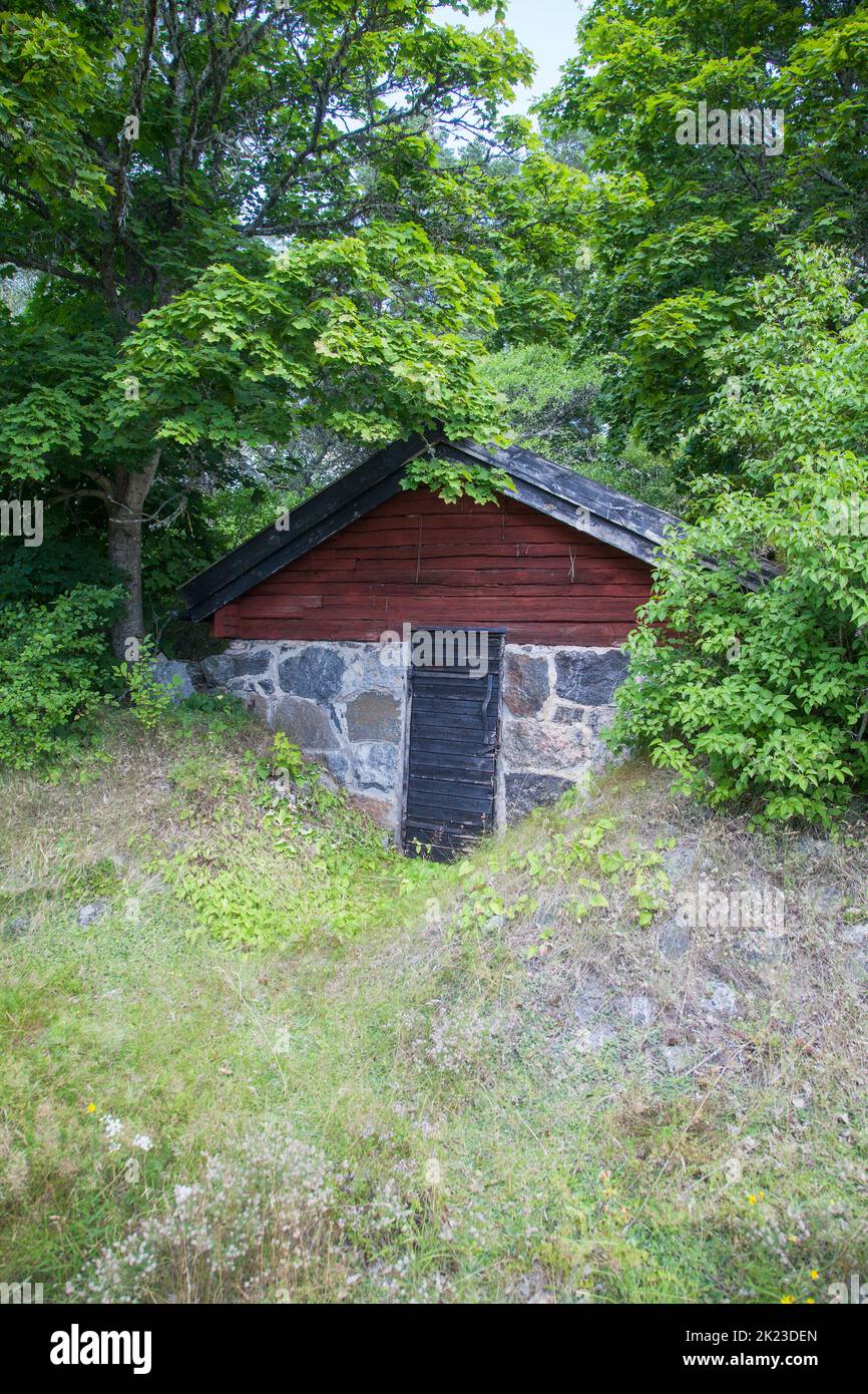 ROOT CELLAR old and traditional way in Sweden keep food cold during summer and as storage for vegetables during winter Stock Photo