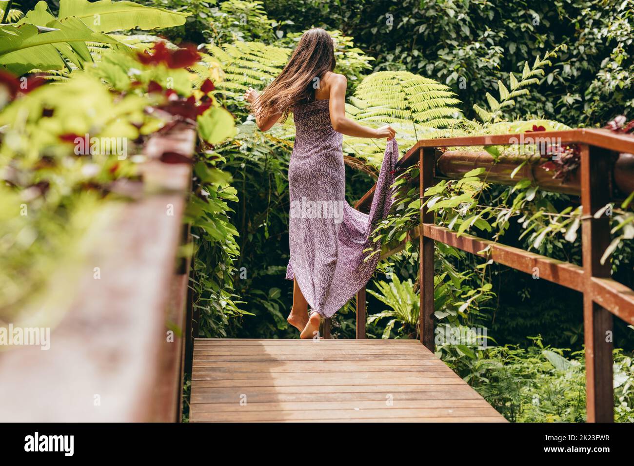 Rear view shot of young woman in beautiful dress walking on wooden bridge in nature. Caucasian female model in nature. Stock Photo