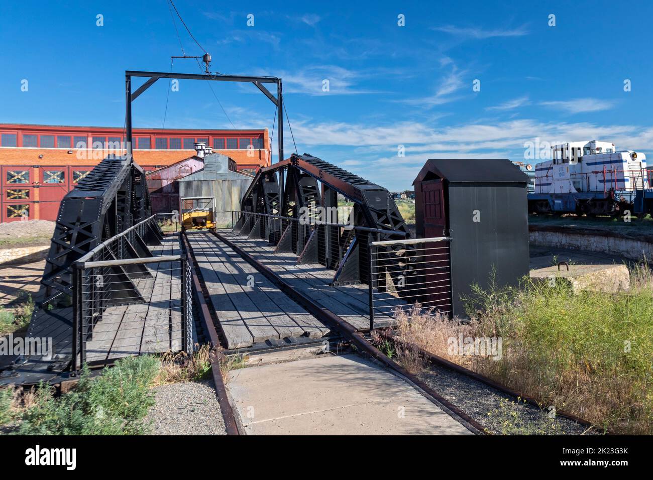 Evanston, Wyoming - The turntable at the historic roundhouse and railyards, built by the Union Pacific Railroad in 1912. The roundhouse had 28 bays fo Stock Photo