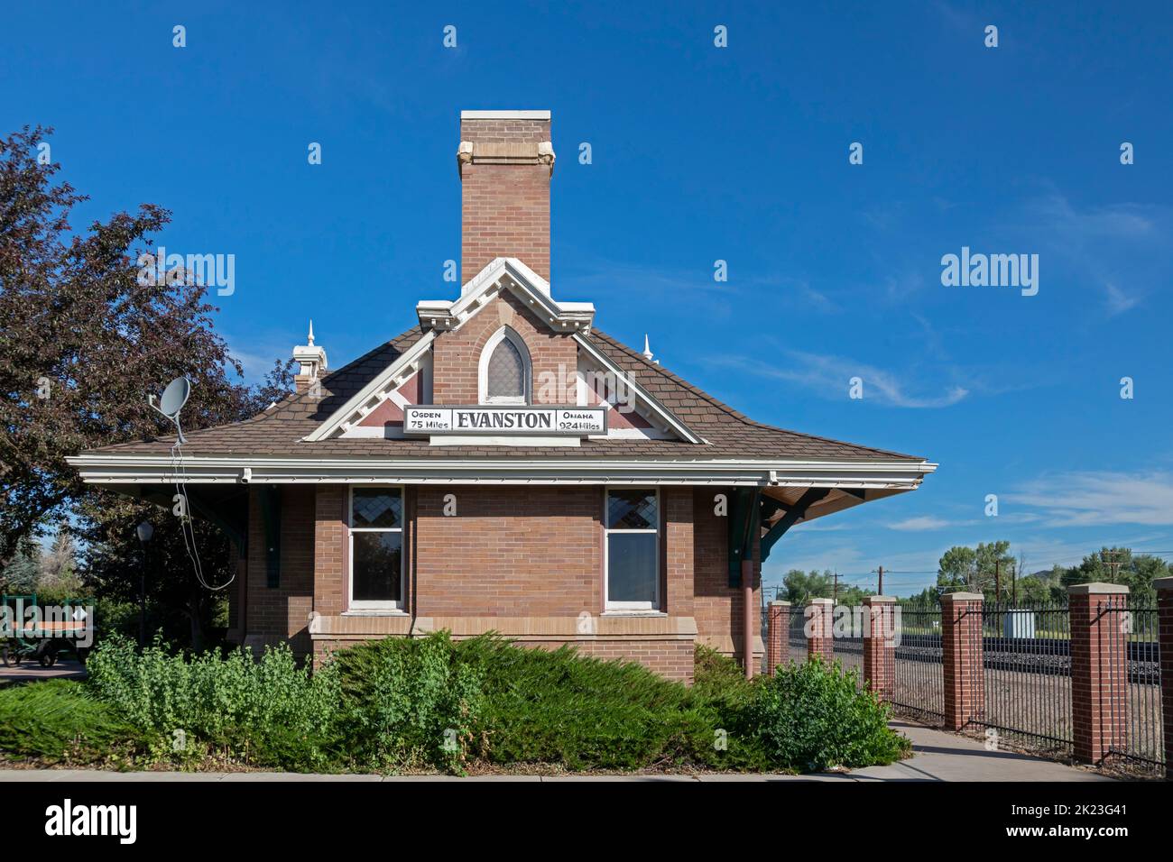 Evanston, Wyoming - The Union Pacific passenger depot, built in 1900 with separate waiting rooms for men and women. Evanston no longer has passenger r Stock Photo