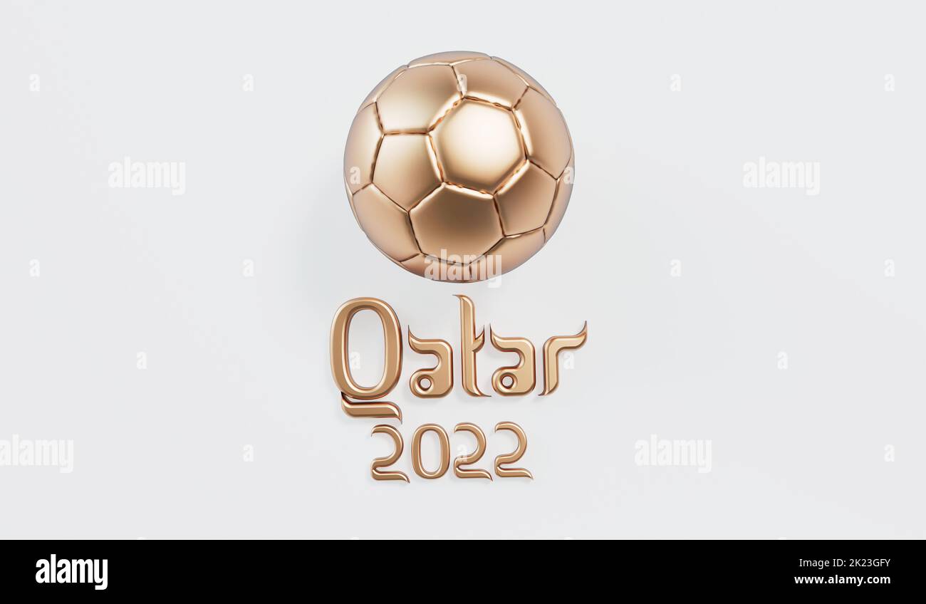 Golden soccer football with Qatar 2022 arabic style text. 3D Rendering