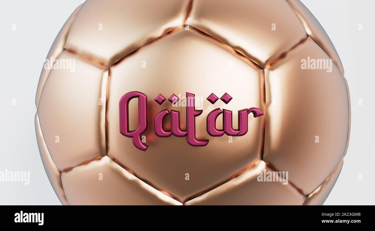 Golden soccer football with Qatar arabic style text. 3D Rendering Stock