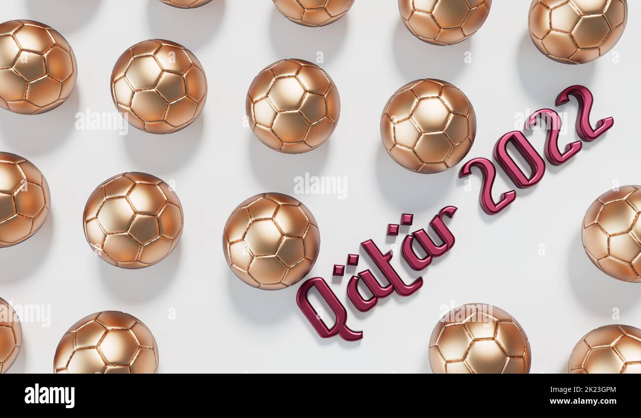 Golden soccer football with Qatar 2022 arabic style text. 3D Rendering
