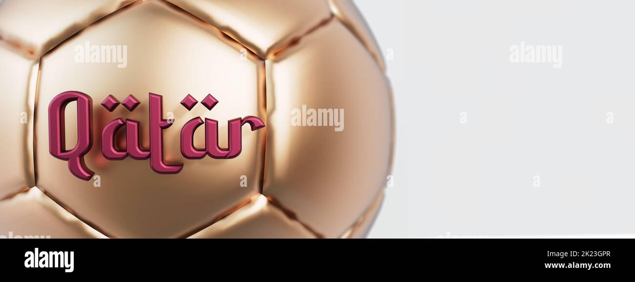 Golden soccer football with Qatar arabic style text. 3D Rendering Stock