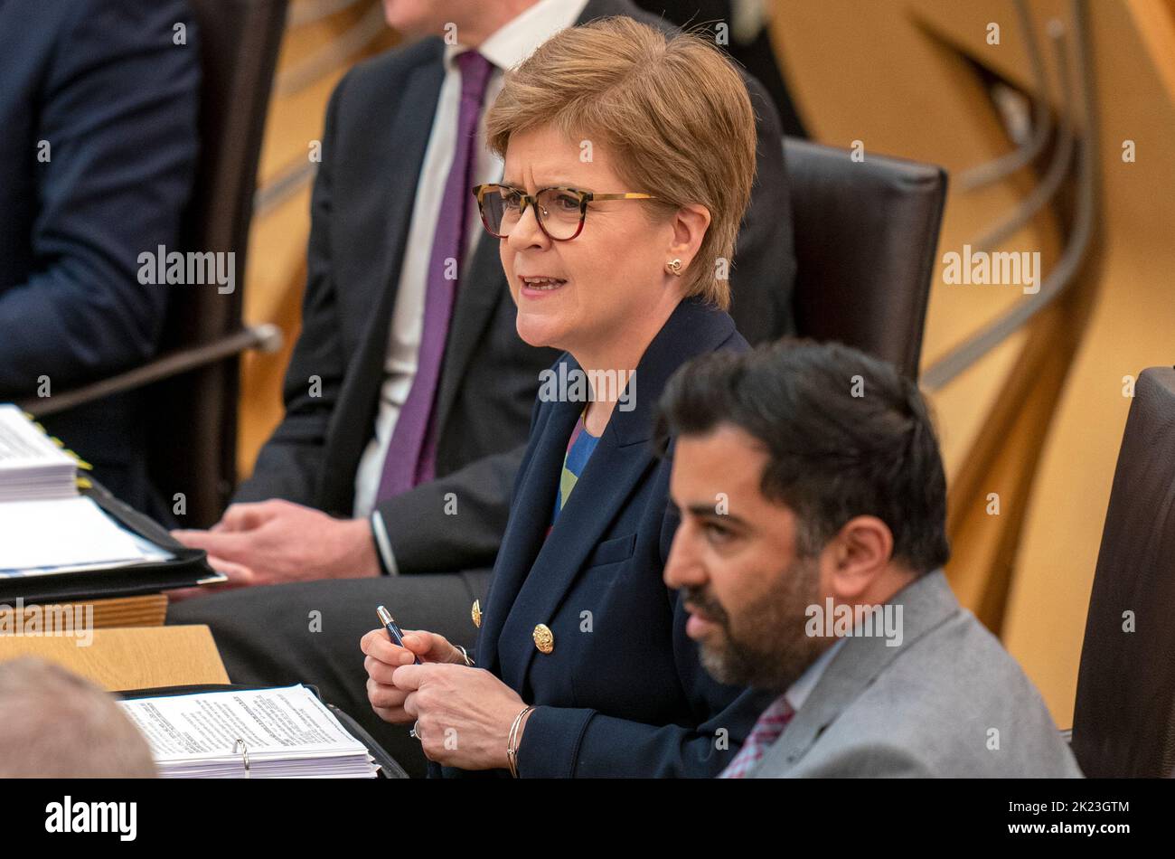 First Minister Nicola Sturgeon during First Minster's Questions (FMQ's) in the debating chamber of the Scottish Parliament in Edinburgh. Picture date: Thursday September 22, 2022. Stock Photo
