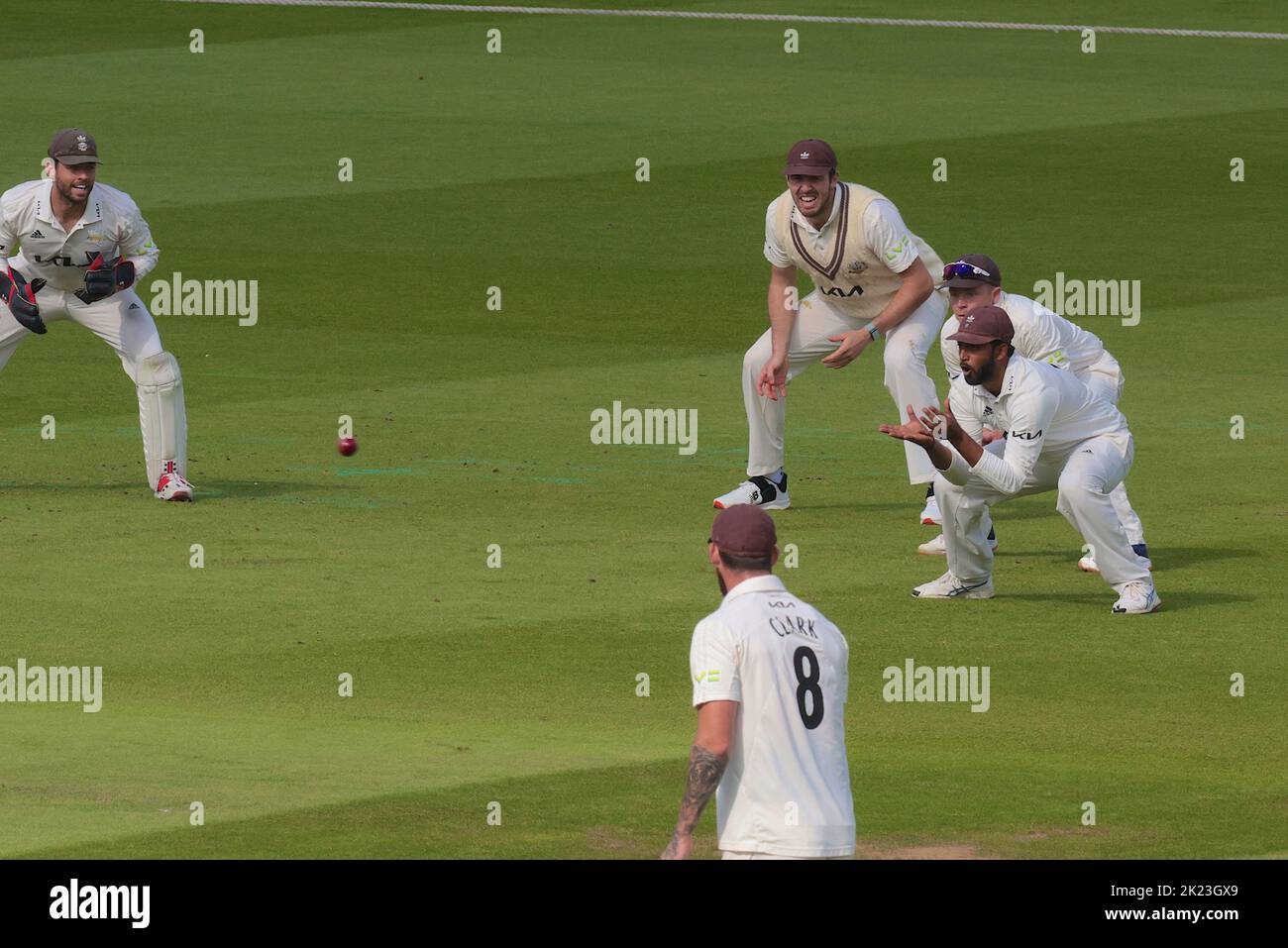 22 September, 2022. London, UK. All eyes on Surrey’s Ryan Patel as he prepares to take a catch to end the innings of Adam Lyth as Surrey take on Yorkshire in the County Championship at the Kia Oval, day three David Rowe/Alamy Live News Stock Photo