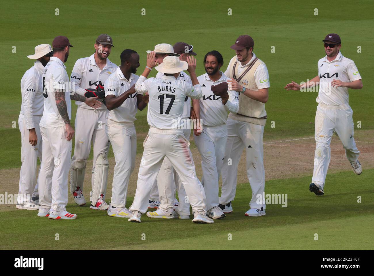 22 September, 2022. London, UK. Surrey celebrate after  Kemar Roach gets the wicket of Adam Lyth caught by Ryan Patelas Surrey take on Yorkshire in the County Championship at the Kia Oval, day three David Rowe/Alamy Live News Stock Photo